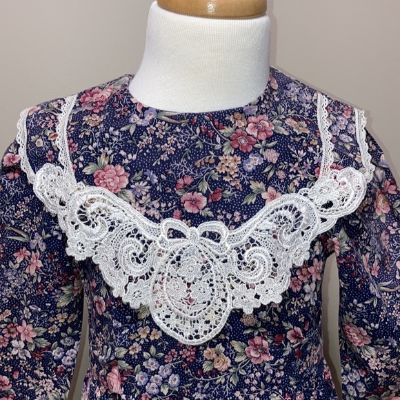 Jessica McClintock Gunne Sax navy floral lace collar double bow dress size 5 - Picture 2 of 10